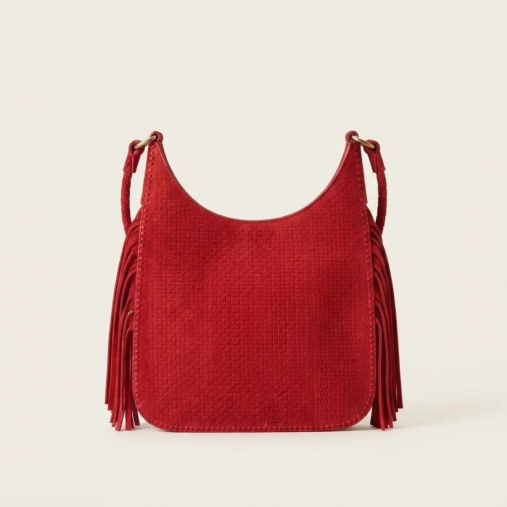 Back panel of Red tassel fringe hobo bag with strap attachments