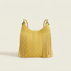 Back panel of Yellow tassel fringe hobo bag with strap attachments
