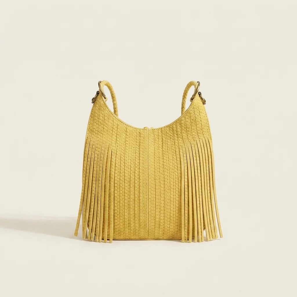 Back panel of Yellow tassel fringe hobo bag with strap attachments