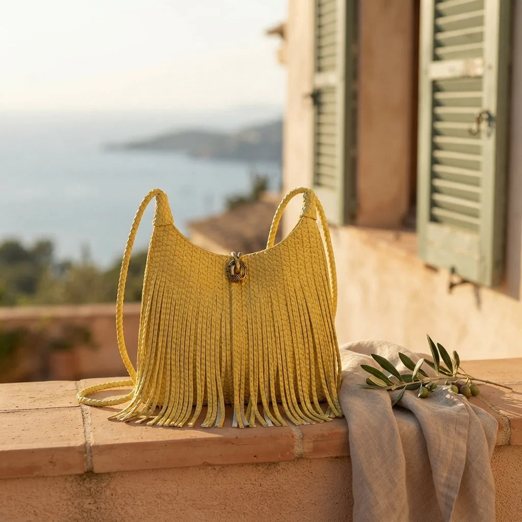Yellow tassel fringe hobo bag styled in a warm Mediterranean setting