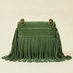 Back panel of Green turquoise fringe bag with strap attachments