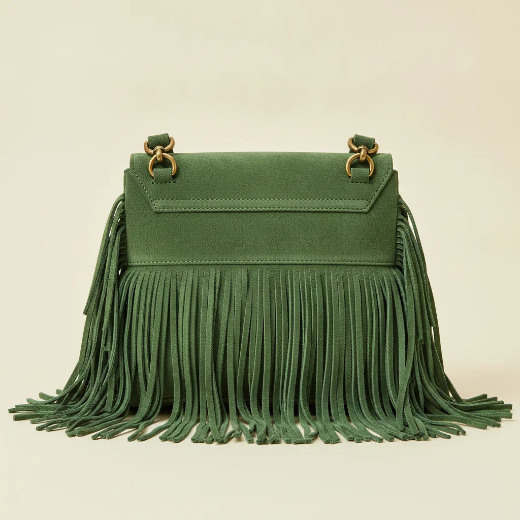 Back panel of Green turquoise fringe bag with strap attachments