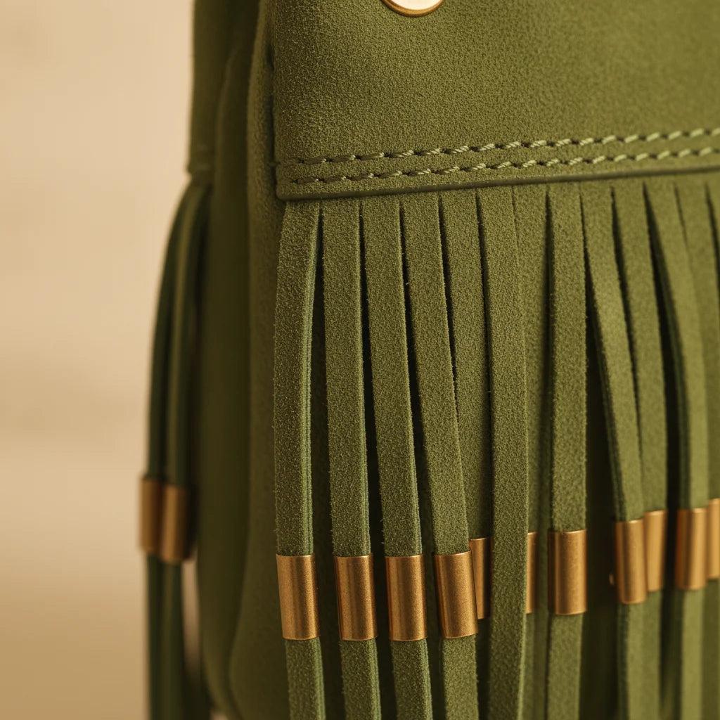 Close-up of fringe stitching and texture on Green turquoise fringe bag
