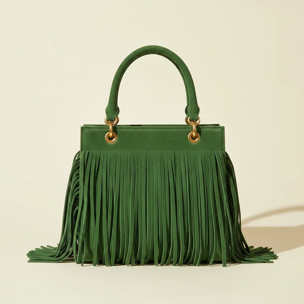 Green turquoise fringe bag, front view