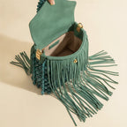 Interior lining and pockets of Green turquoise fringe bag