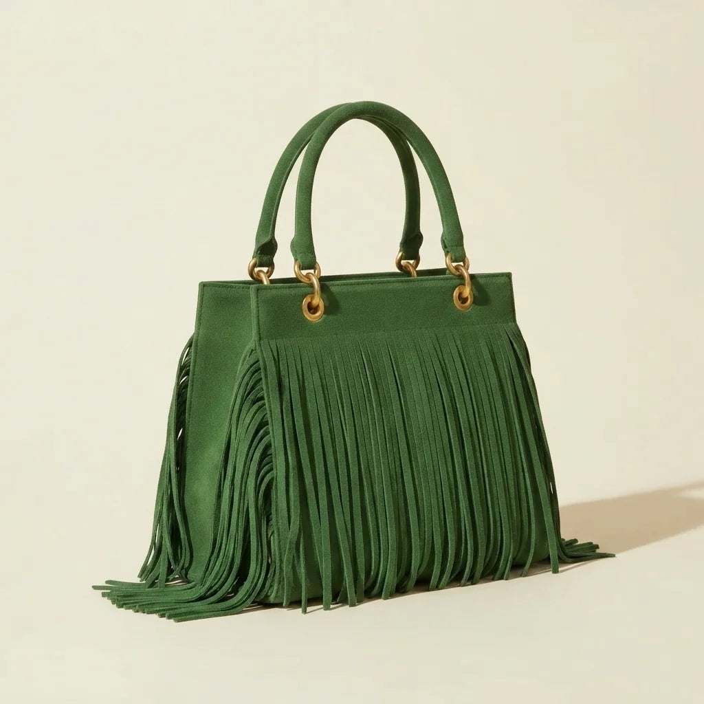 Green turquoise fringe bag, three-quarter angle showing side depth