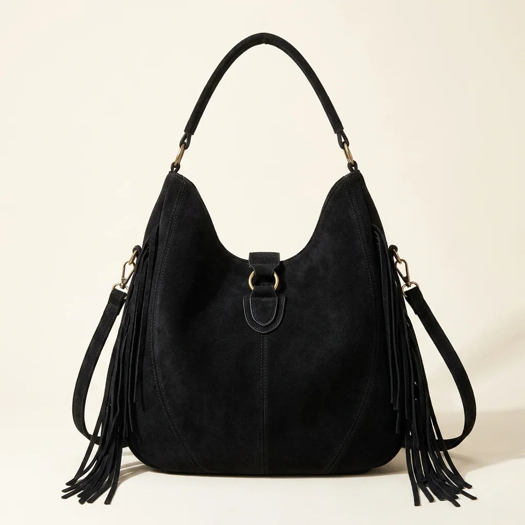 Back panel of Black vegan fringe hobo bag with strap attachments