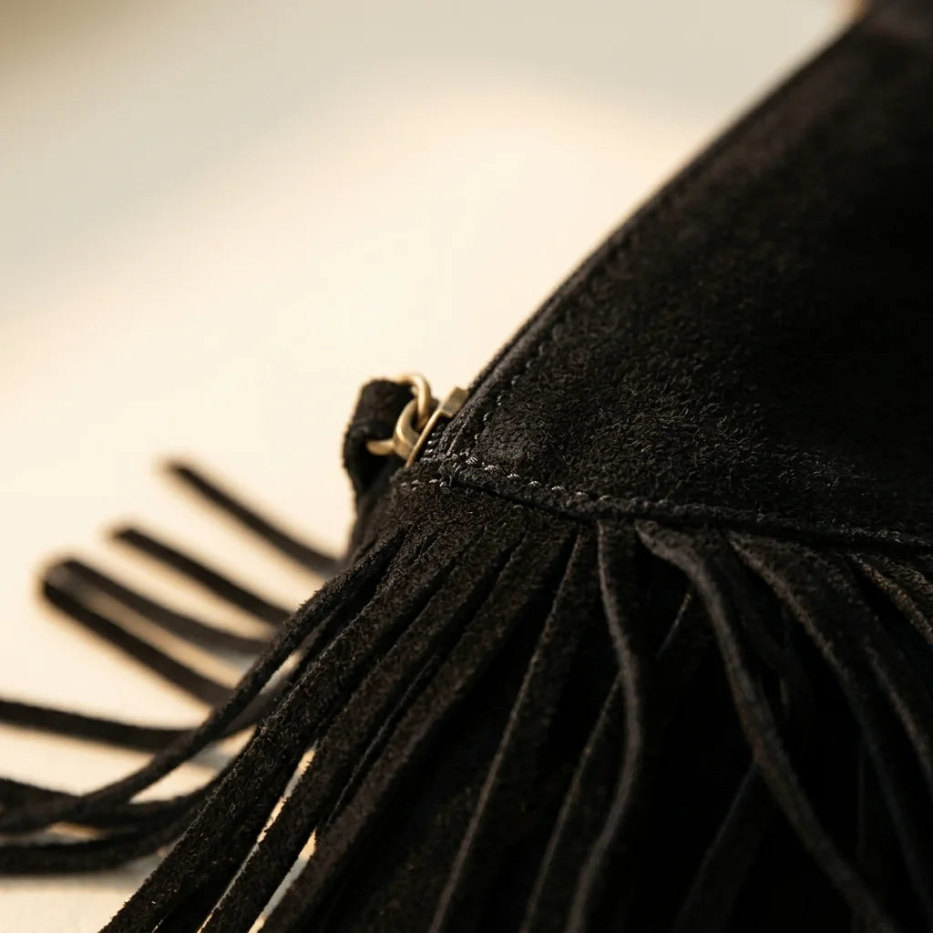 Close-up of fringe stitching and texture on Black vegan fringe hobo bag