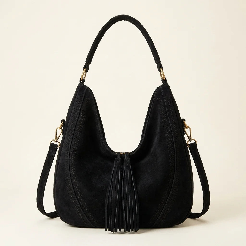 Black vegan fringe hobo bag, front view