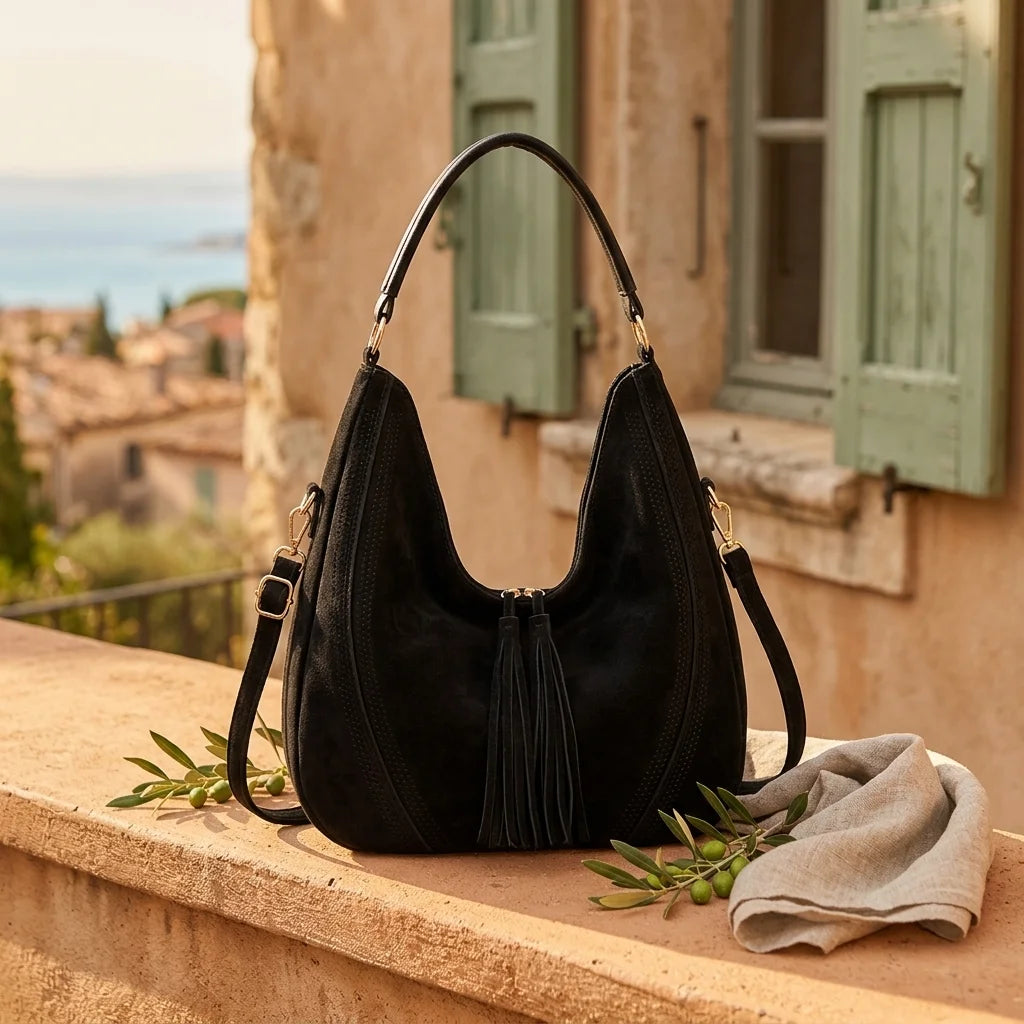 Black vegan fringe hobo bag styled in a warm Mediterranean setting