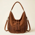 Brown vegan fringe hobo bag, front view