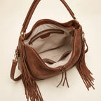 Interior lining and pockets of Brown vegan fringe hobo bag