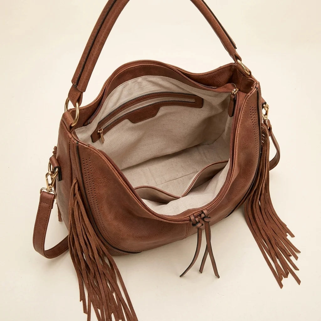 Interior lining and pockets of Brown vegan fringe hobo bag
