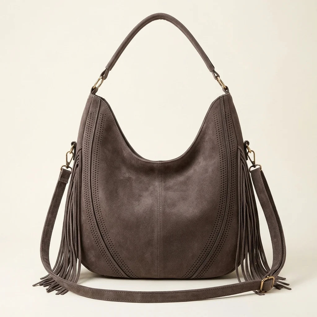 Back panel of Grey vegan fringe hobo bag with strap attachments