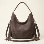 Back panel of Grey vegan fringe hobo bag with strap attachments
