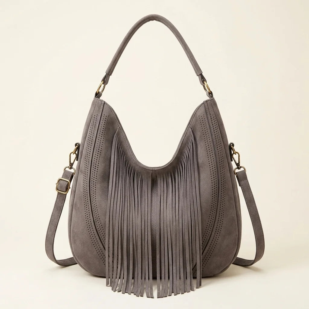 Grey vegan fringe hobo bag, front view