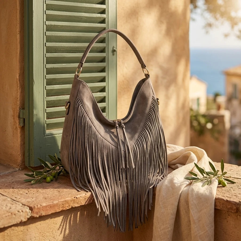 Grey vegan fringe hobo bag styled in a warm Mediterranean setting