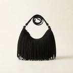 Black vintage boho fringe bag, front view