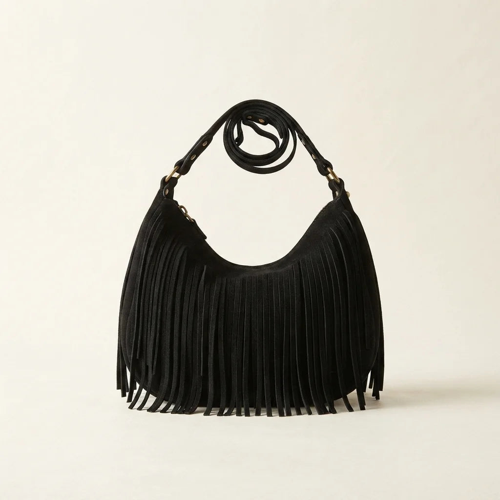 Black vintage boho fringe bag, front view
