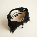 Interior lining and pockets of Black vintage boho fringe bag