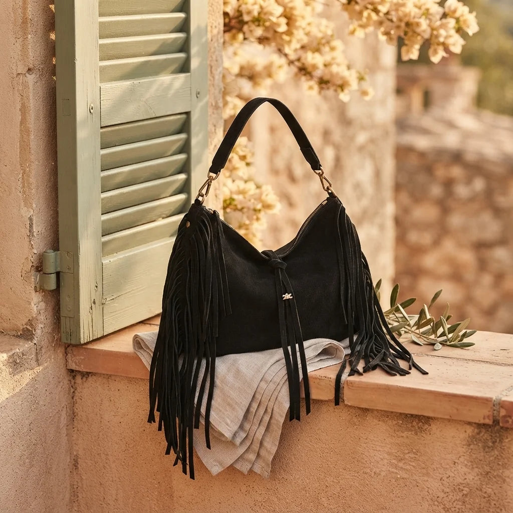 Black vintage boho fringe bag styled in a warm Mediterranean setting