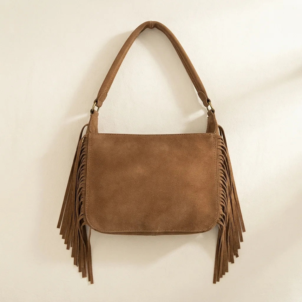 Back panel of Brown vintage boho fringe bag with strap attachments