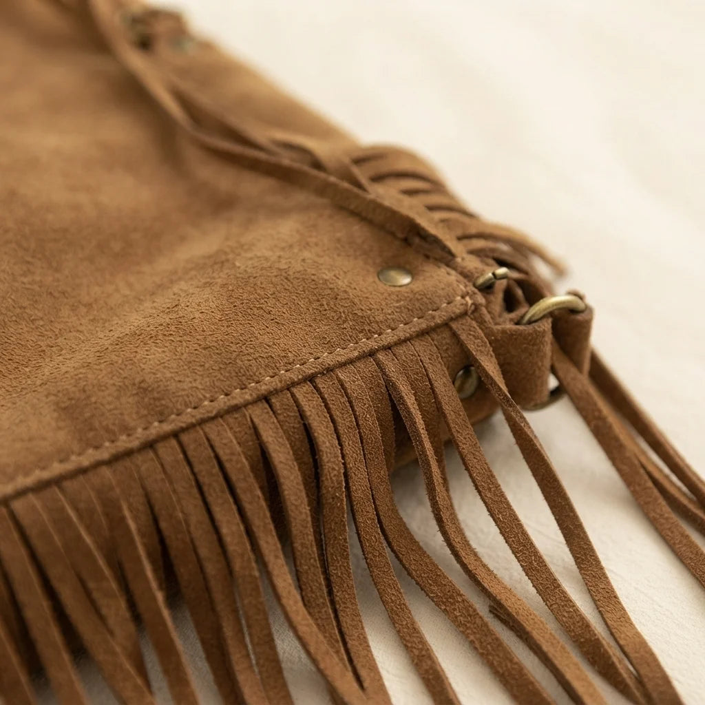 Close-up of fringe stitching and texture on Brown vintage boho fringe bag