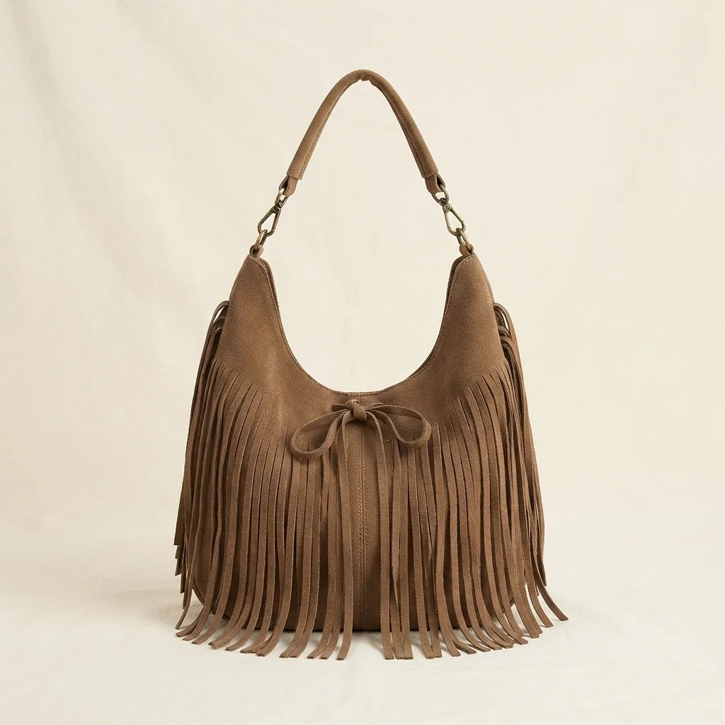 Brown vintage boho fringe bag, front view