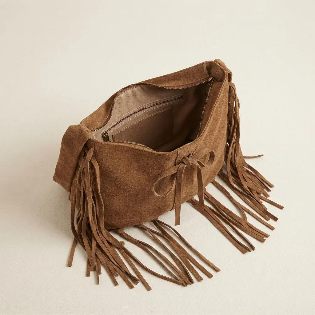 Interior lining and pockets of Brown vintage boho fringe bag