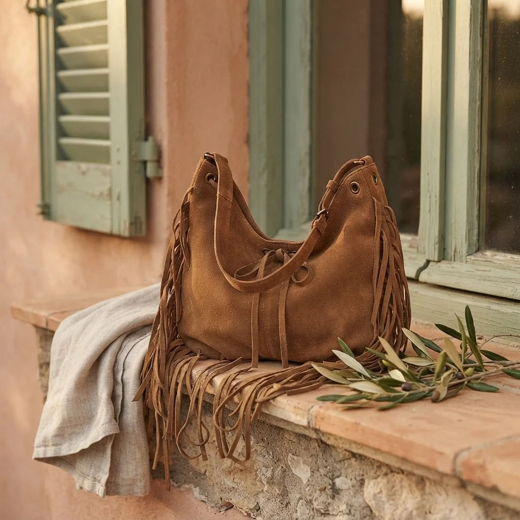 Brown vintage boho fringe bag styled in a warm Mediterranean setting