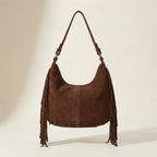 Back panel of Coffee vintage boho fringe bag with strap attachments