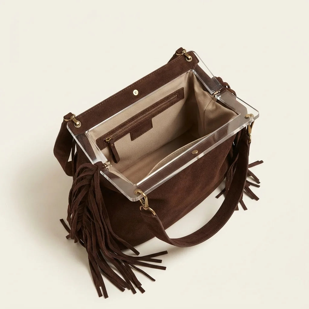 Interior lining and pockets of Coffee vintage boho fringe bag