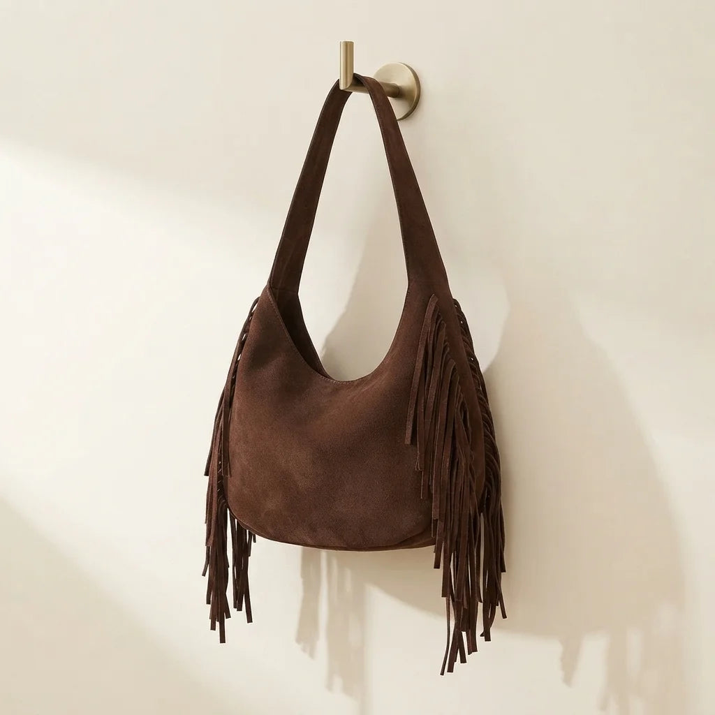 Coffee vintage boho fringe bag, three-quarter angle showing side depth