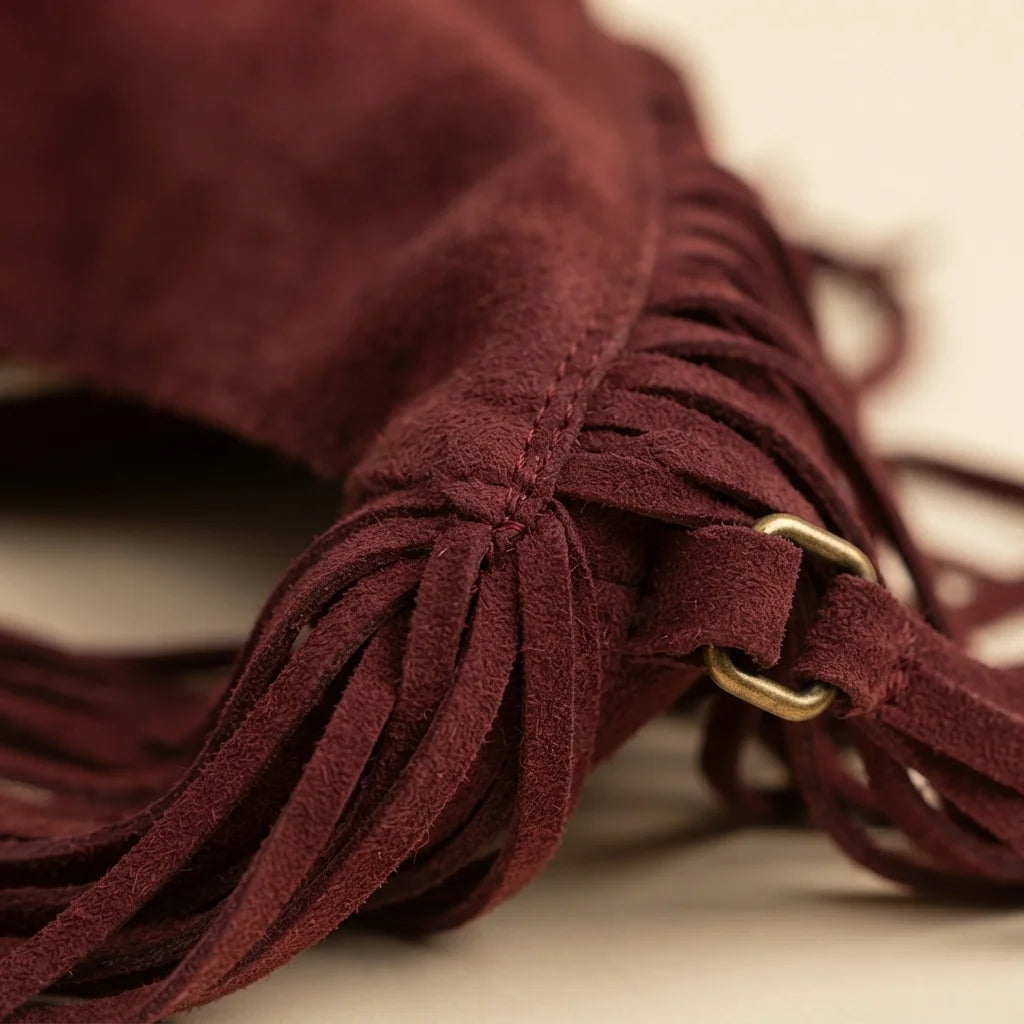 Close-up of fringe stitching and texture on Red vintage boho fringe bag