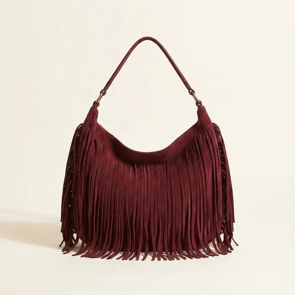 Red vintage boho fringe bag, front view