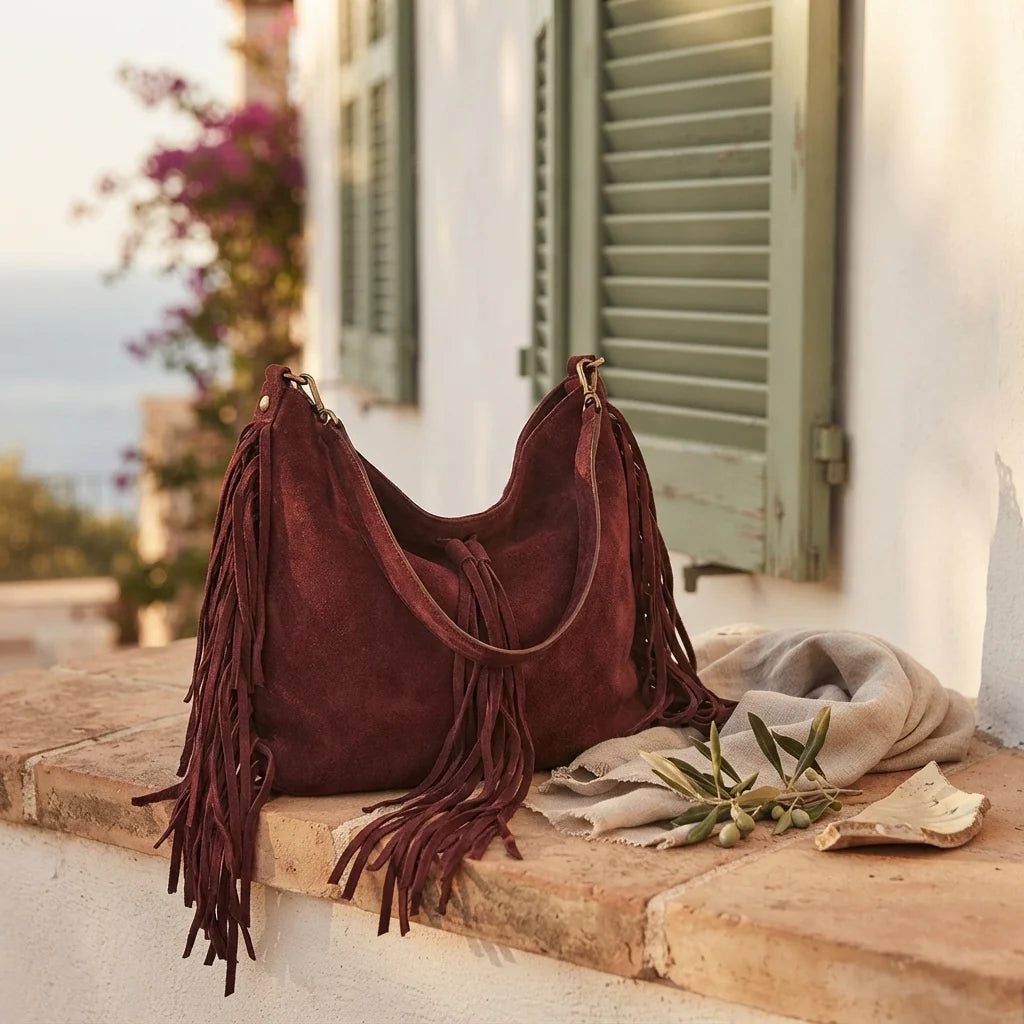 Red vintage boho fringe bag styled in a warm Mediterranean setting