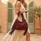 Woman wearing Red vintage boho fringe bag with swaying fringe