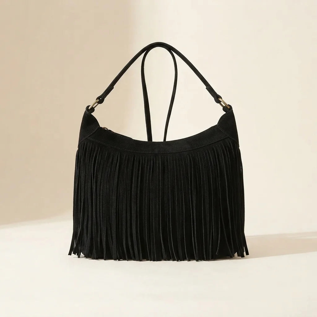 Black vintage fringe hobo bag, front view