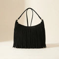 Black vintage fringe hobo bag, front view