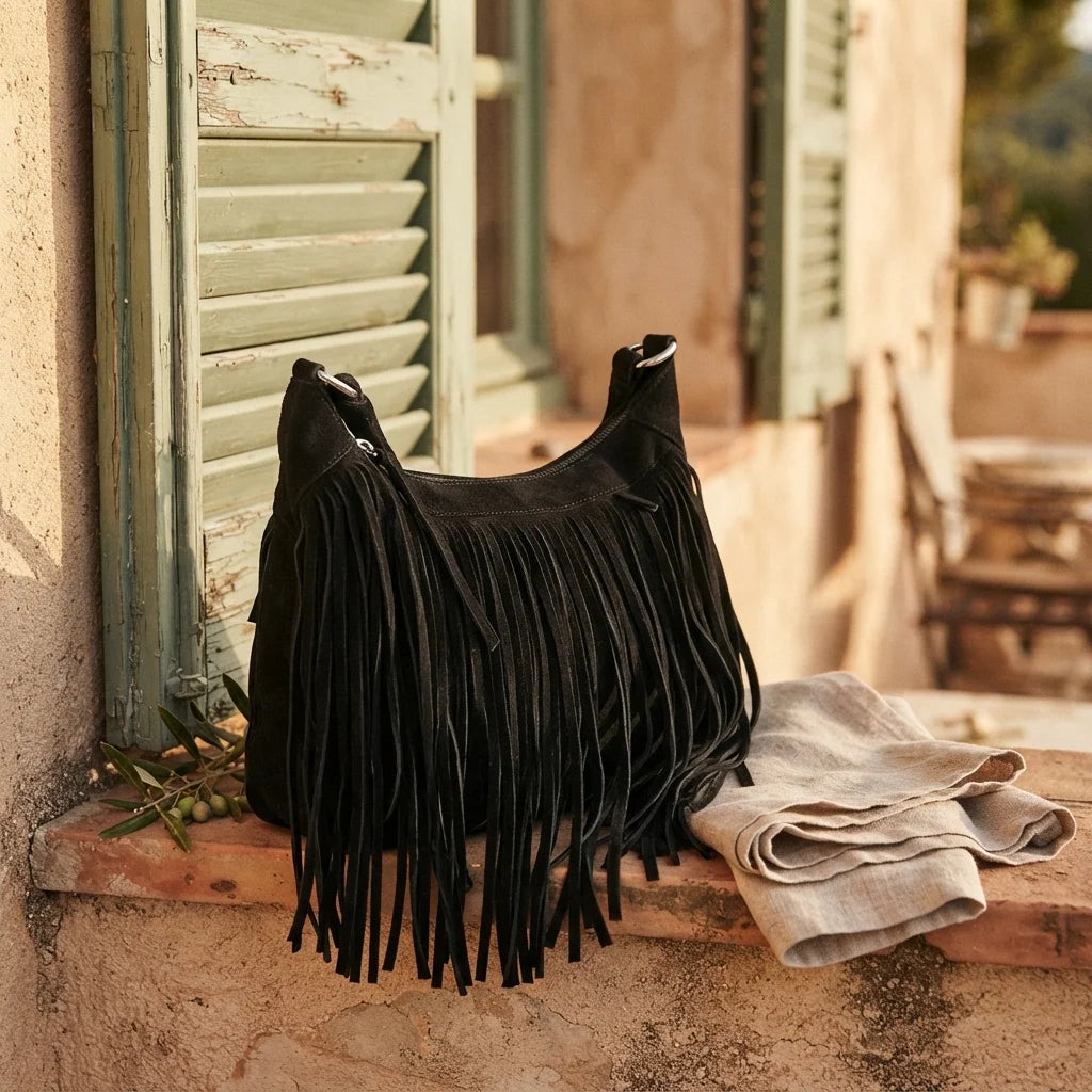 Black vintage fringe hobo bag styled in a warm Mediterranean setting