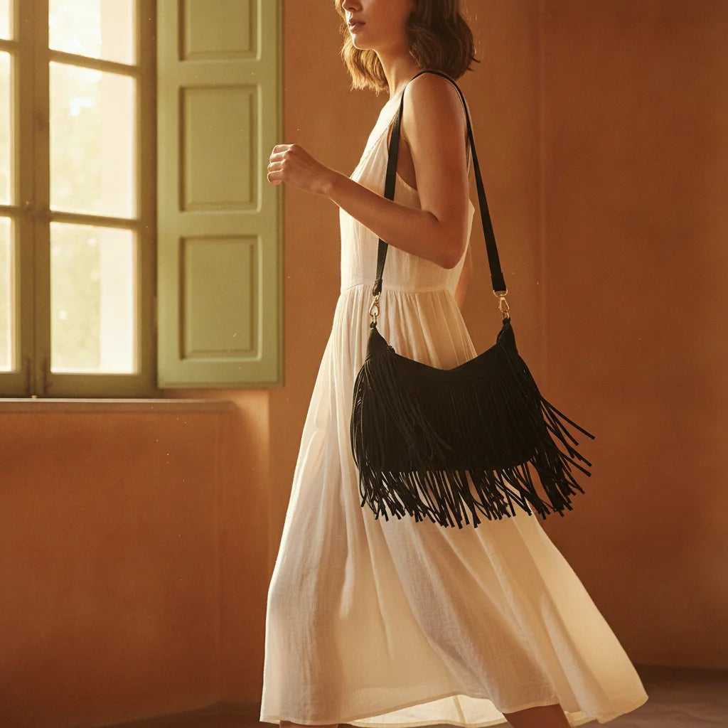 Woman wearing Black vintage fringe hobo bag with swaying fringe