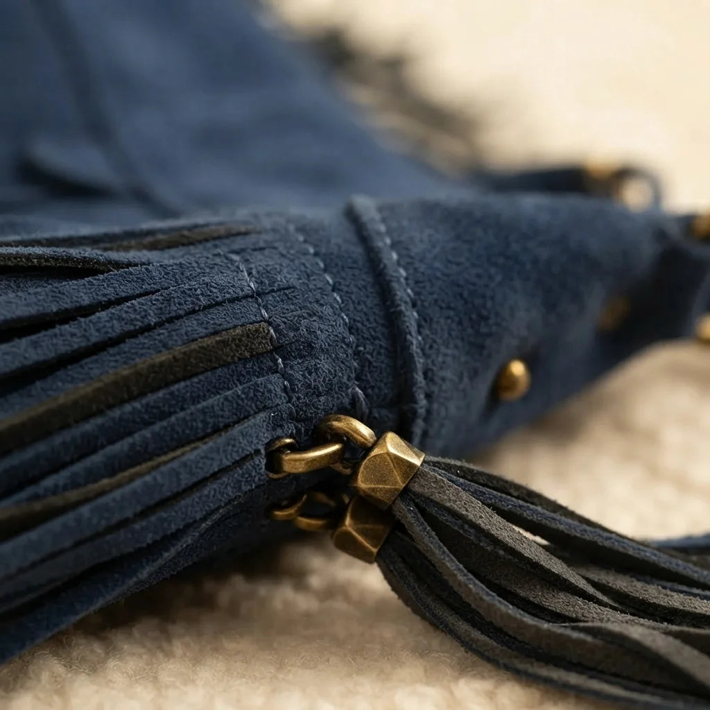 Close-up of fringe stitching and texture on Blue vintage fringe hobo bag