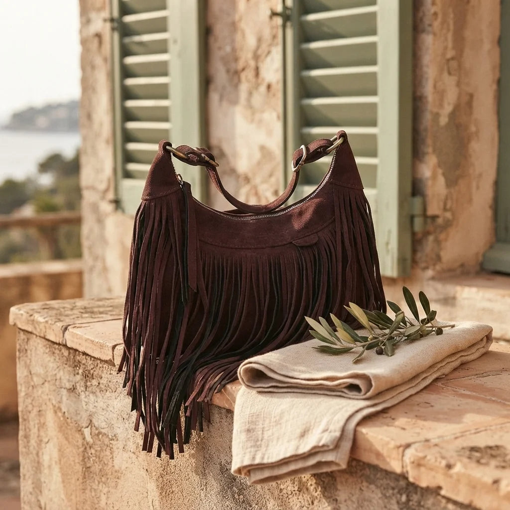 Brown vintage fringe hobo bag styled in a warm Mediterranean setting