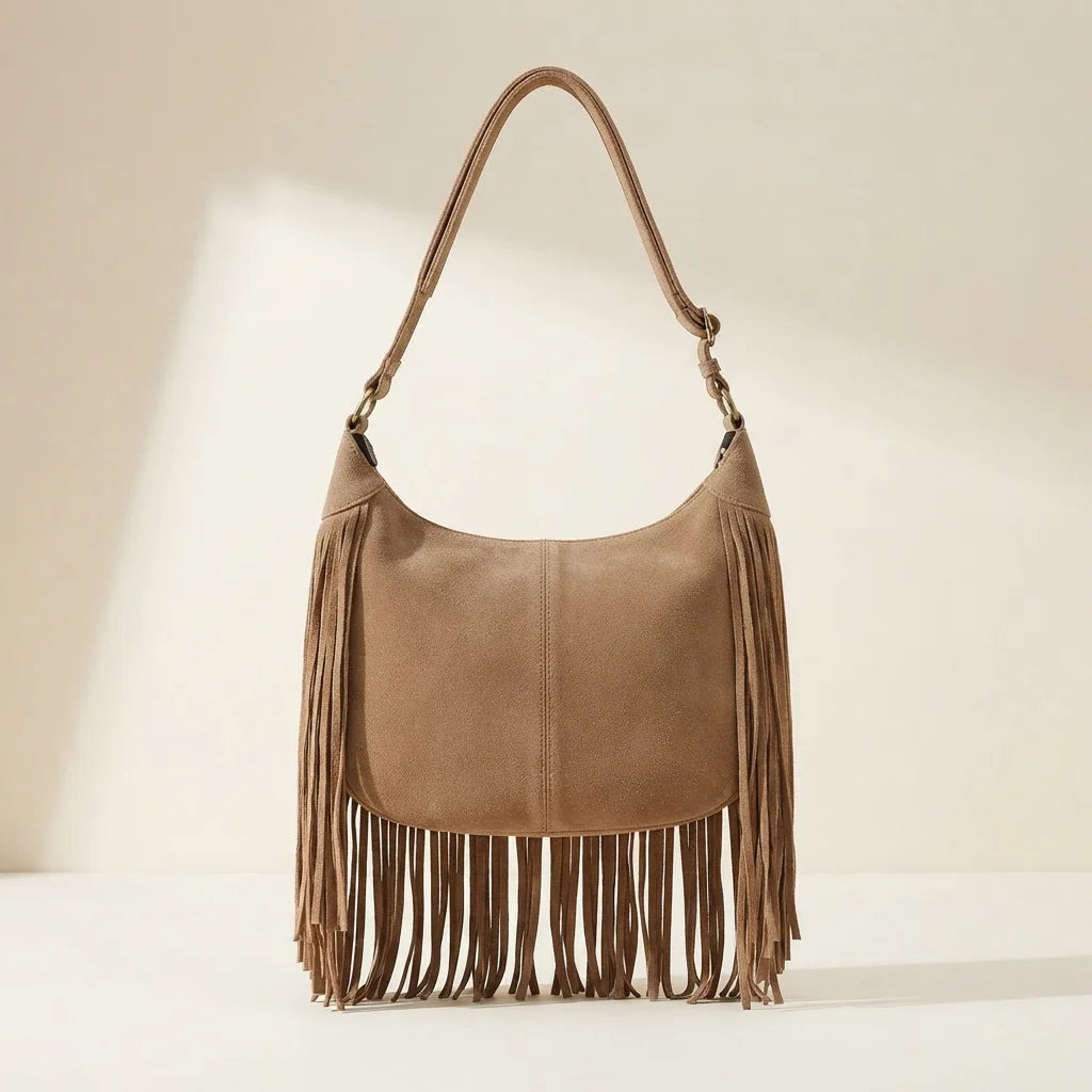 Back panel of Light Brown vintage fringe hobo bag with strap attachments