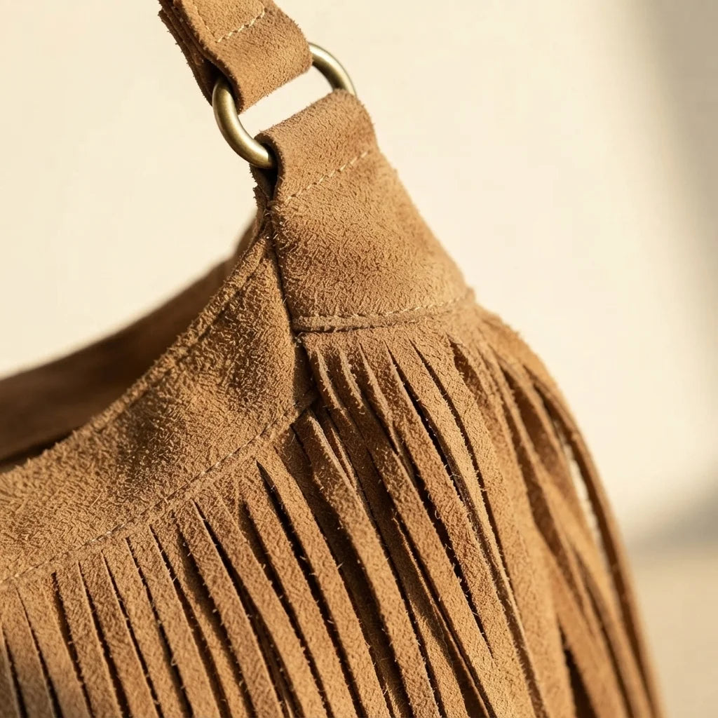 Close-up of fringe stitching and texture on Light Brown vintage fringe hobo bag