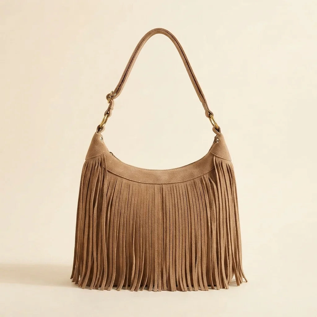 Light Brown vintage fringe hobo bag, front view