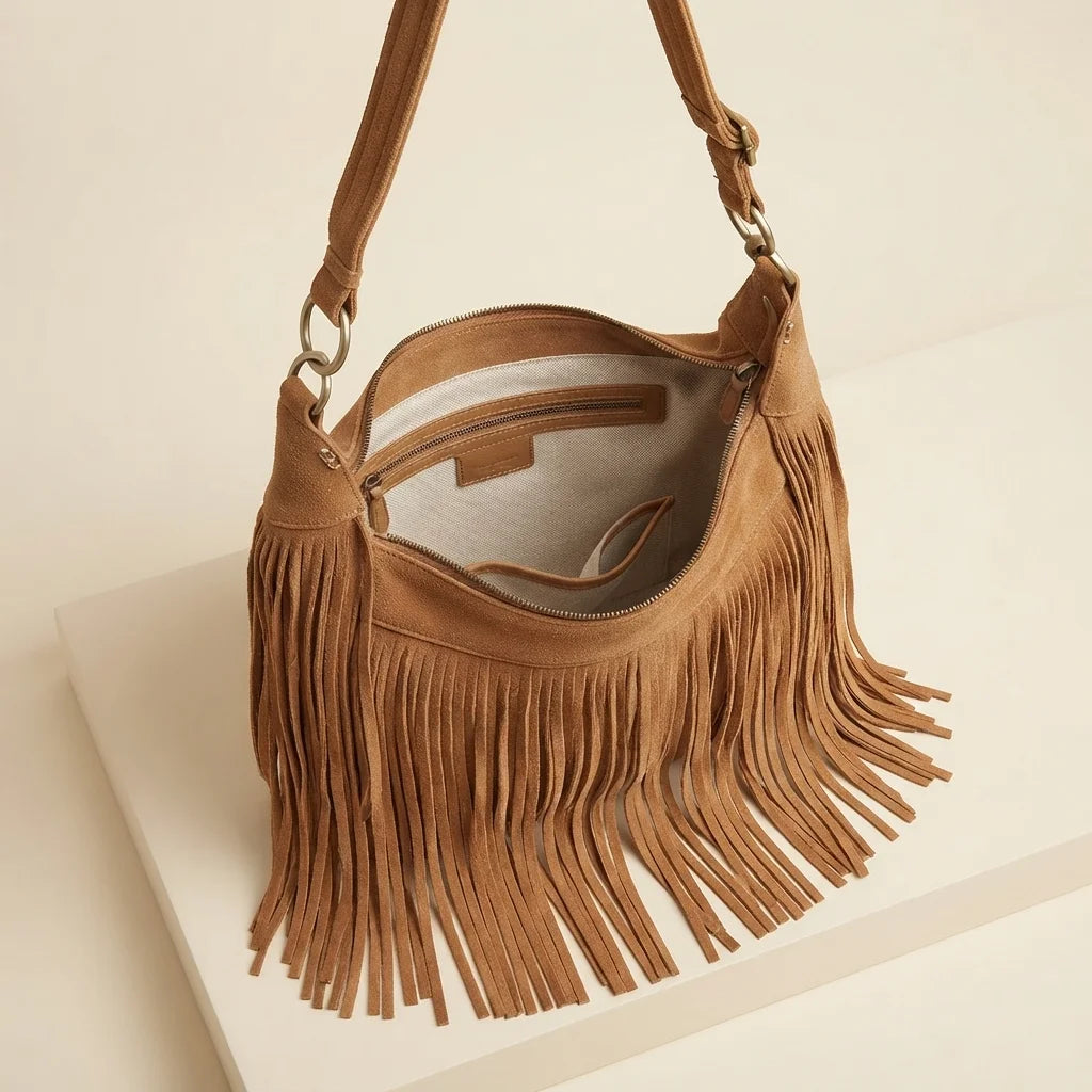 Interior lining and pockets of Light Brown vintage fringe hobo bag