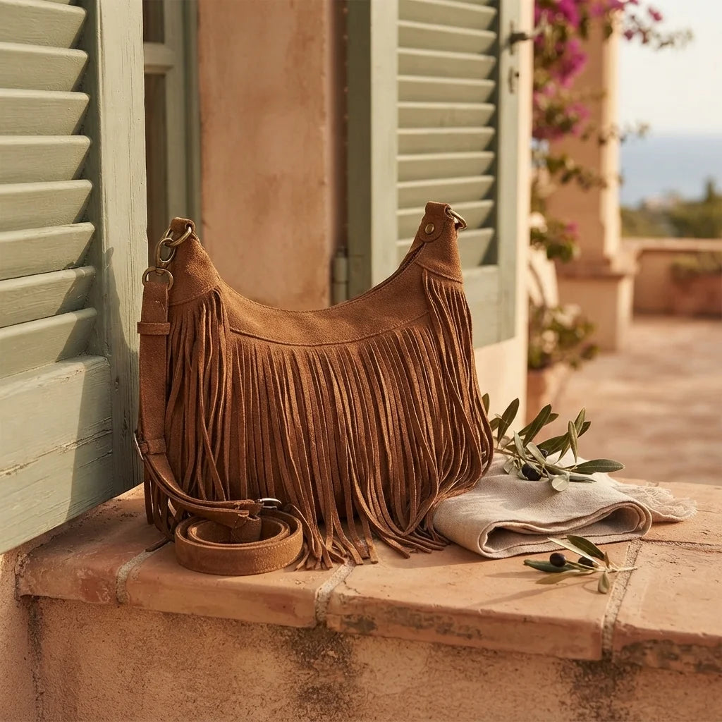 Light Brown vintage fringe hobo bag styled in a warm Mediterranean setting