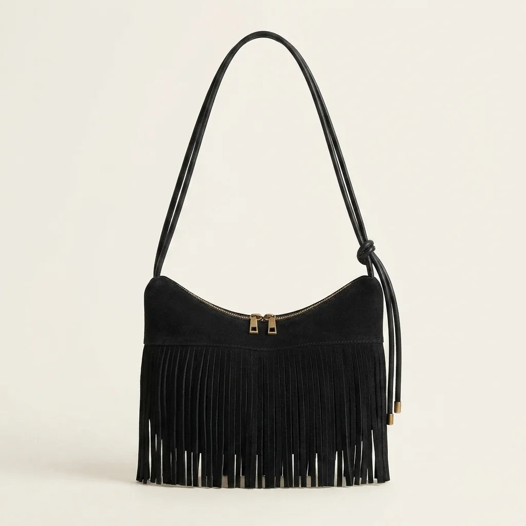 Black vintage suede fringe bag, front view