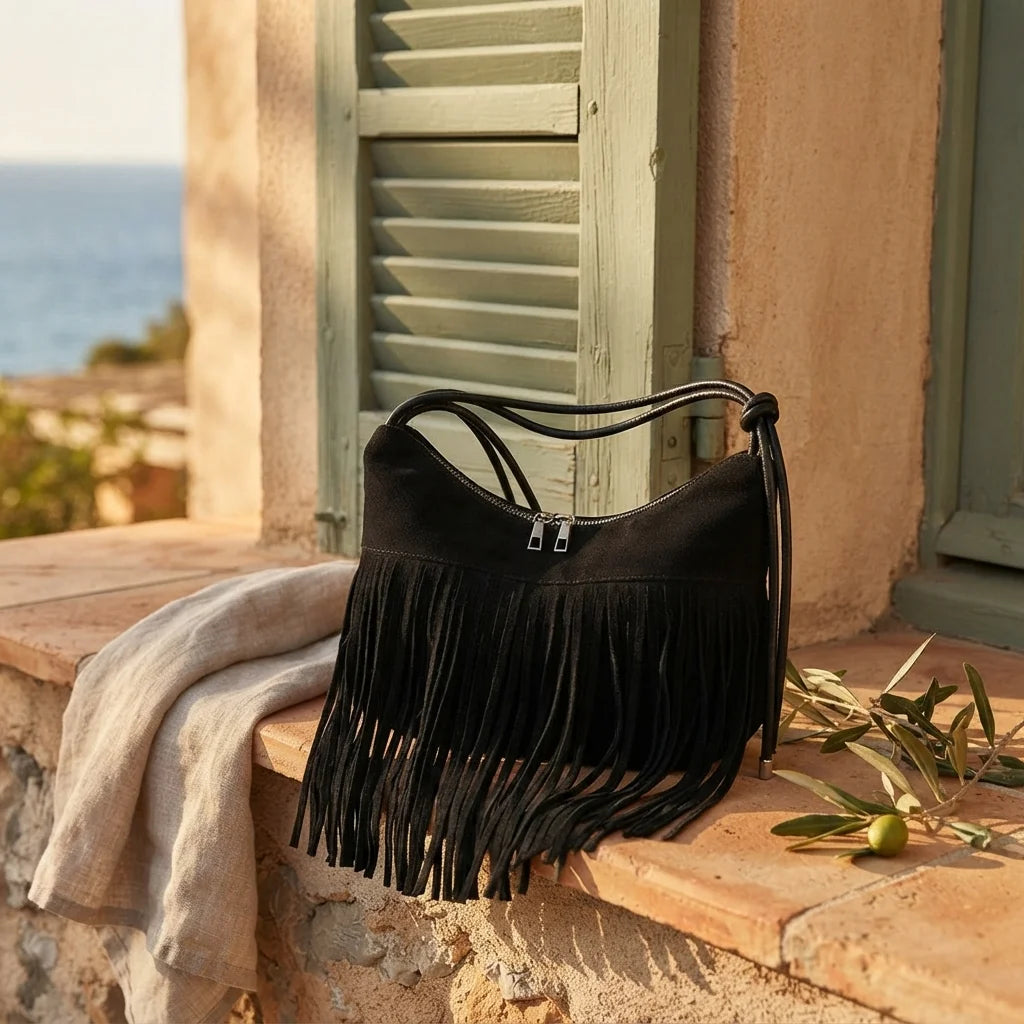 Black vintage suede fringe bag styled in a warm Mediterranean setting